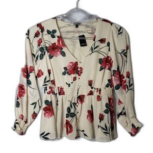 TORRID Smocked Waist Blouse Sandstone With Red Floral Roses Womens Size 2X NEW